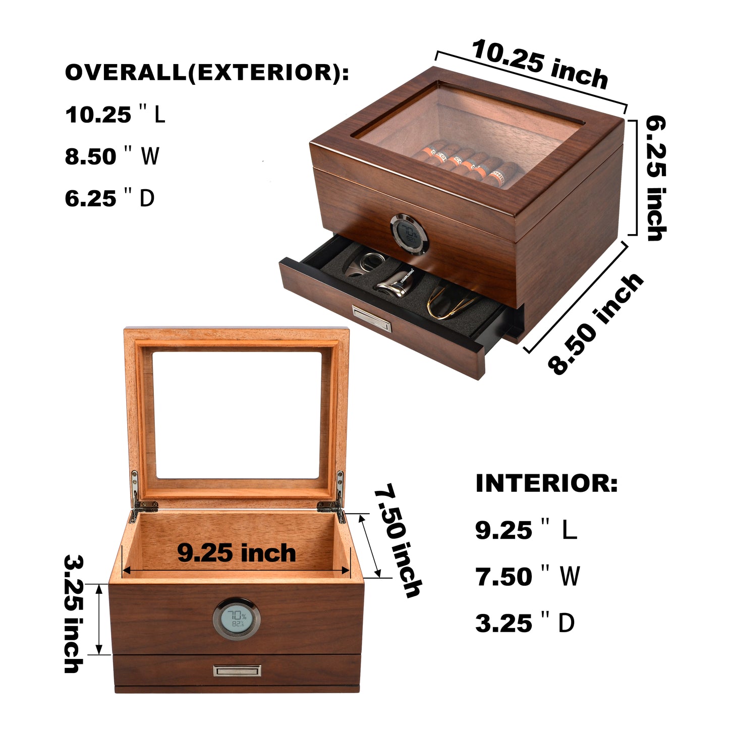 Jansfuren Cigar Humidor, Spanish Cedar Handmade Gift Cigar Box Glass Top Humidors, Accurate Digital Hygrometer (25-55 Cigars)